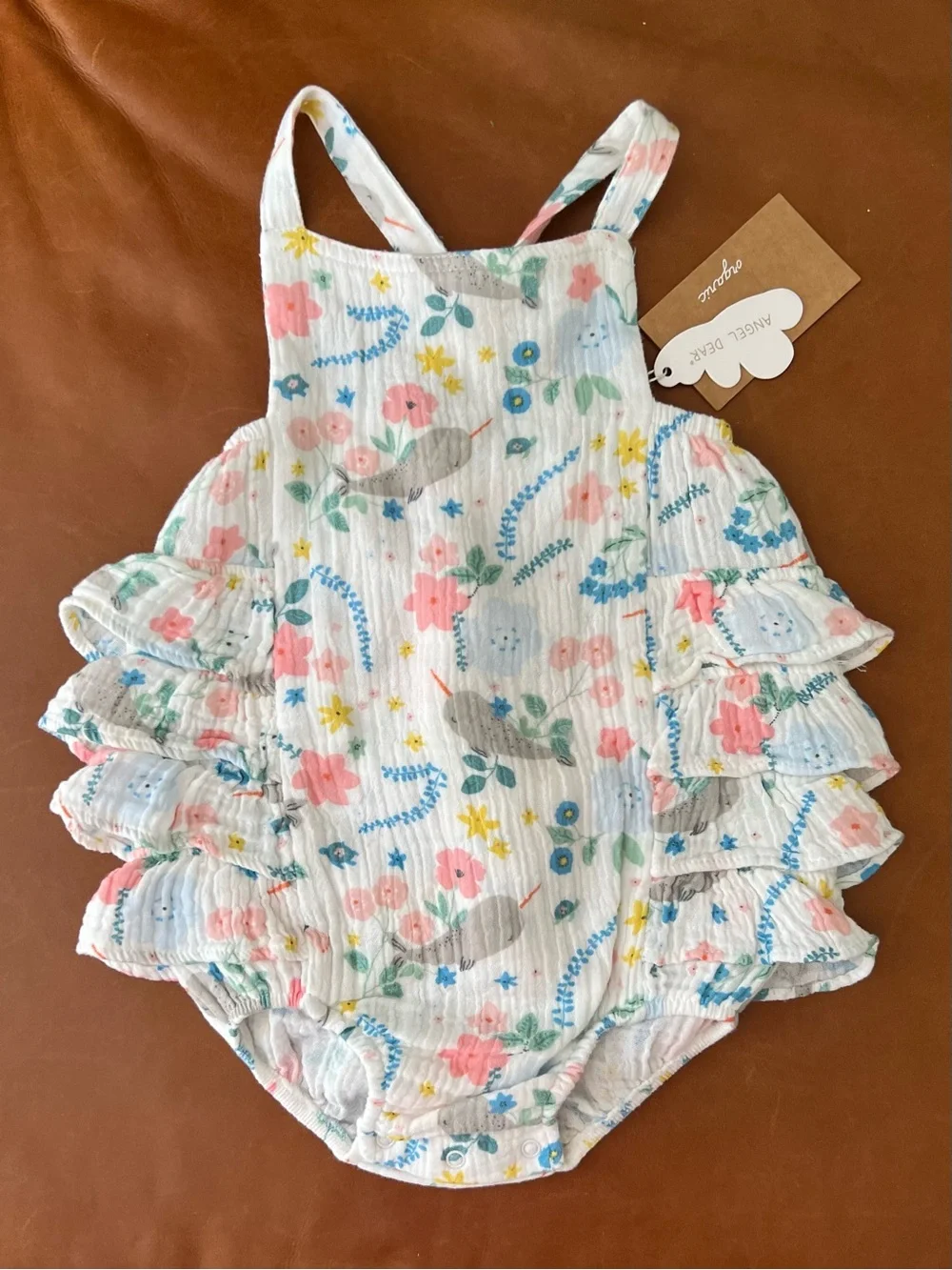Angel Dear Narwhal Floral Ruffle Sunsuit, 18-24mo - NEW